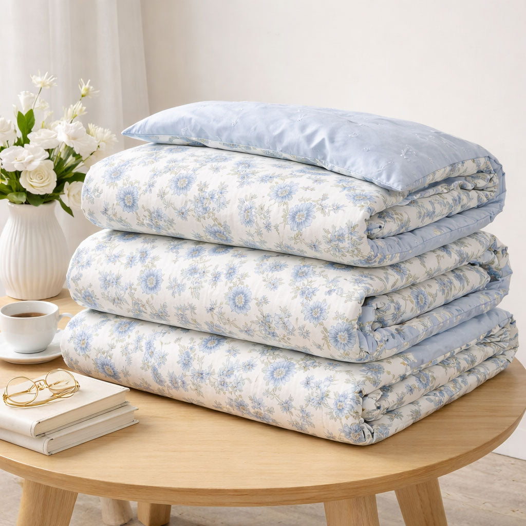 Pościeł bawełniana niebieska jasna w kwiaty Milly 200x220 3 el. Mil-X01