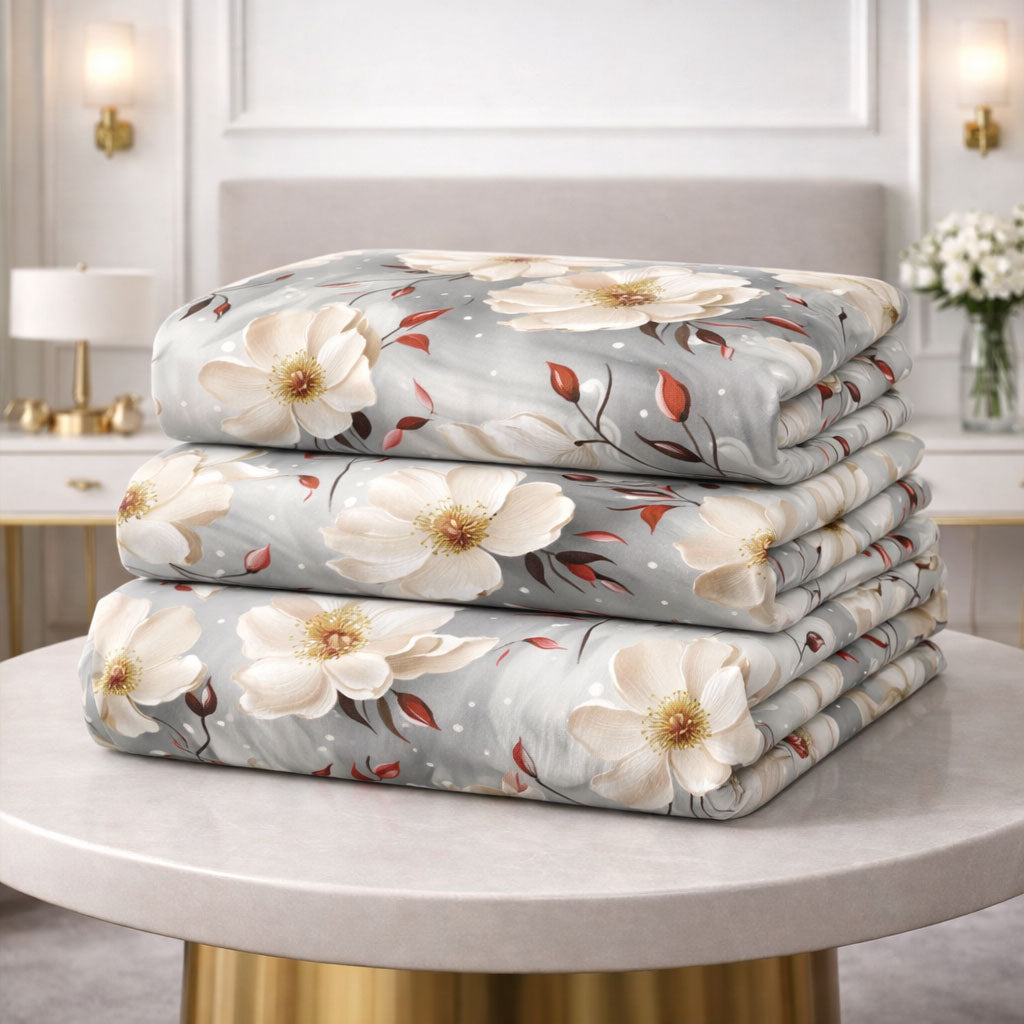 Pościel szara jasna kremowa w kwiaty Dolly 200x220 z prześcieradłem 4 el. MIl-D46