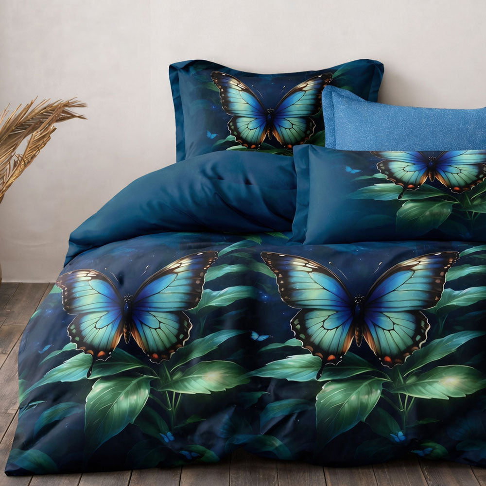 Pościel niebiesko granatowa dwukolorowa w motyle Flyer 200x220 z prześcieradłem 4 el. Mil-E14