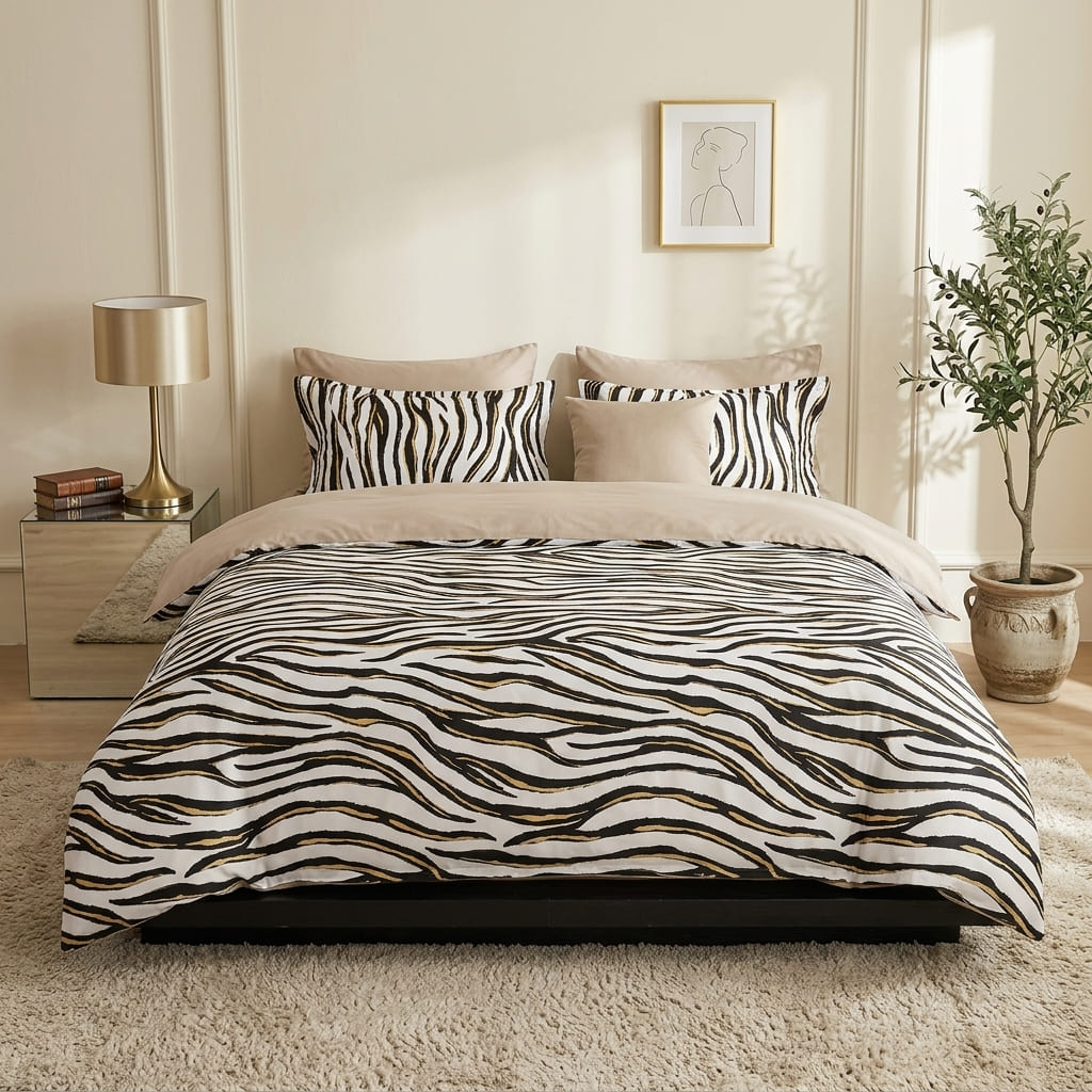 Pościel bawełniana dwustronna w zebrę i beżowa Savanna Prestige 200x220 3 el. Par C-147
