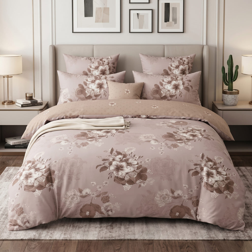 Pościel z mikrofibry dwustronna beżowa w kwiaty 200x220 3 el. Blush Petals h1651