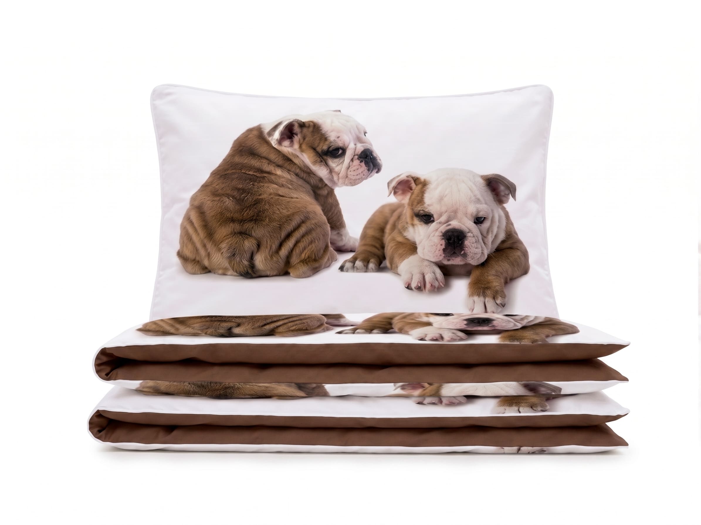 Pościel z mikrofibry dwustronna biała w psy i brązowa 160x200 4 el. z prześcieradłem Bulldog Bliss h1511