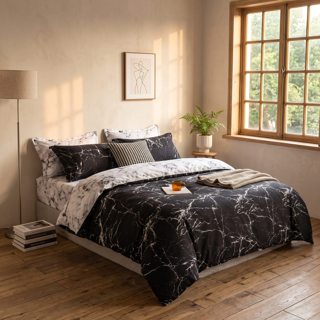 Pościel bawełniana dwustronna czarna i biała w marmur Obsidian Veil 200x220 3 el. Par C-021