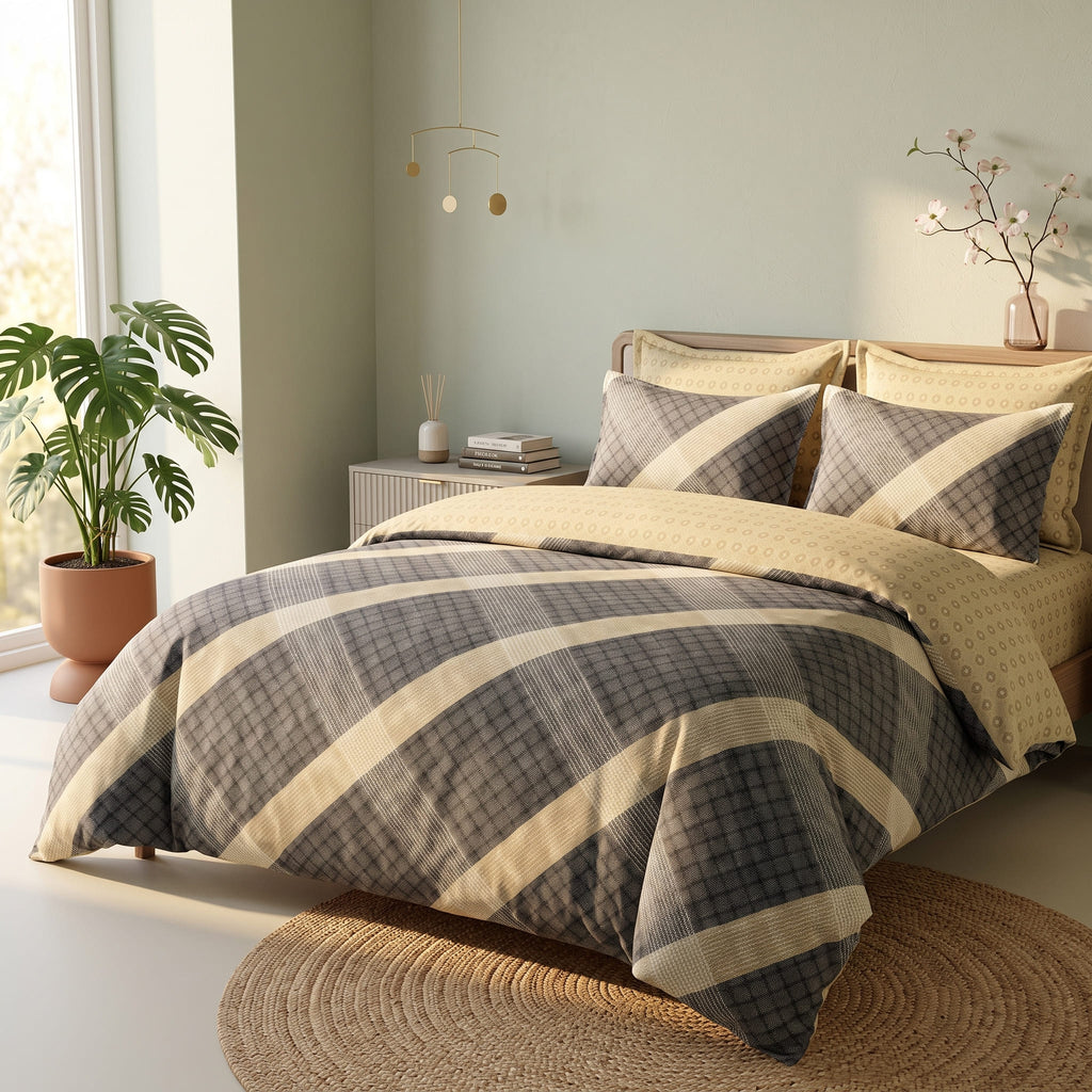 Pościel z mikrofibry dwustronna szara beżowa w kratę 200x220 3 el. Heritage Plaid h1702
