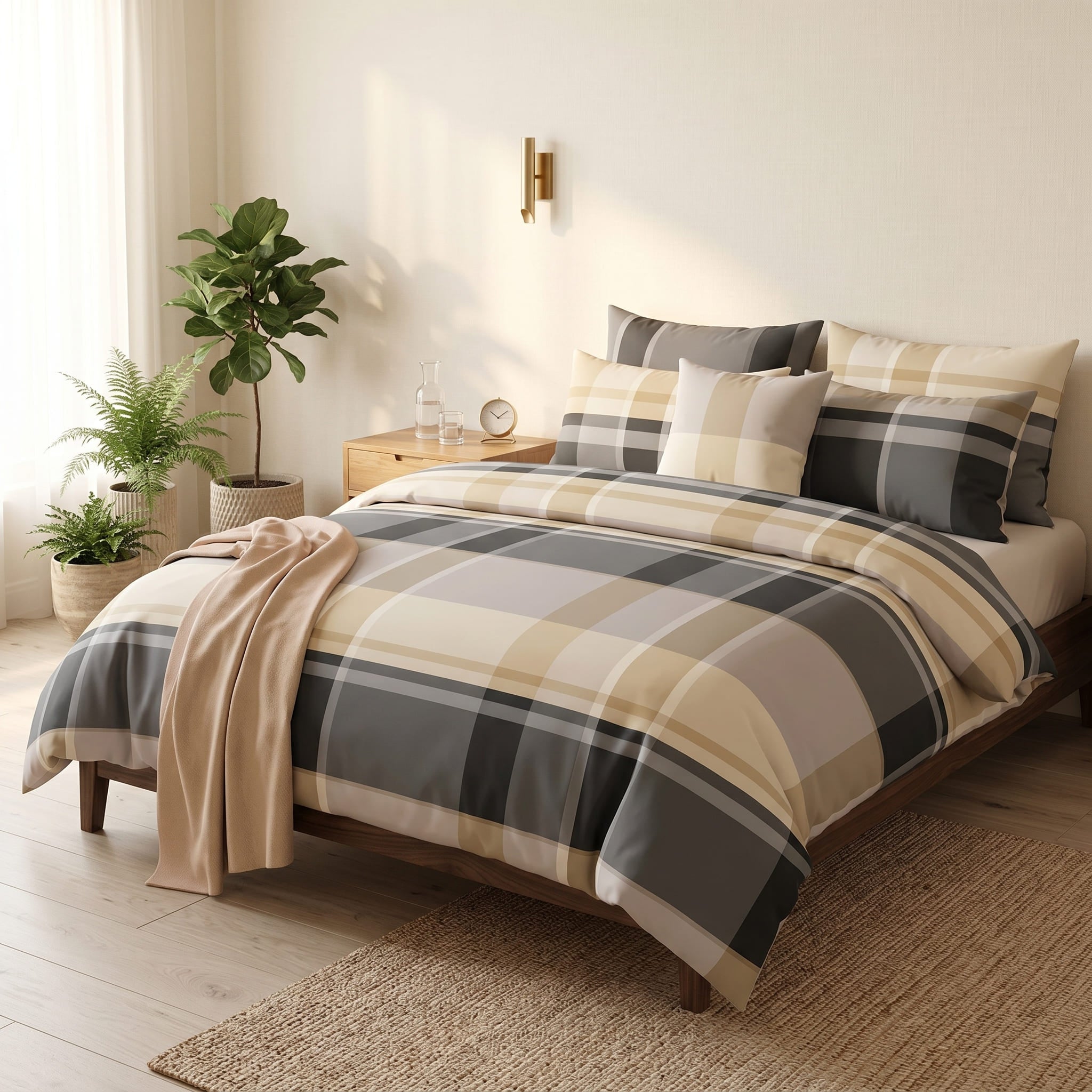 Pościel z mikrofibry kremowa szara beżowa w kratke 160x200 4 el. z prześcieradłem Westbridge Plaid h1582