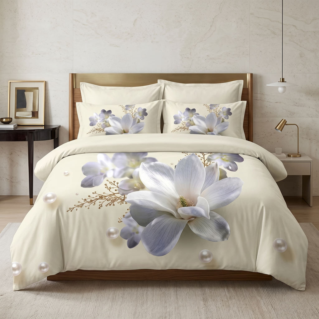 Pościel z mikrofibry kremowa w kwiaty 200x220 3 el. Pearl Magnolia h1596