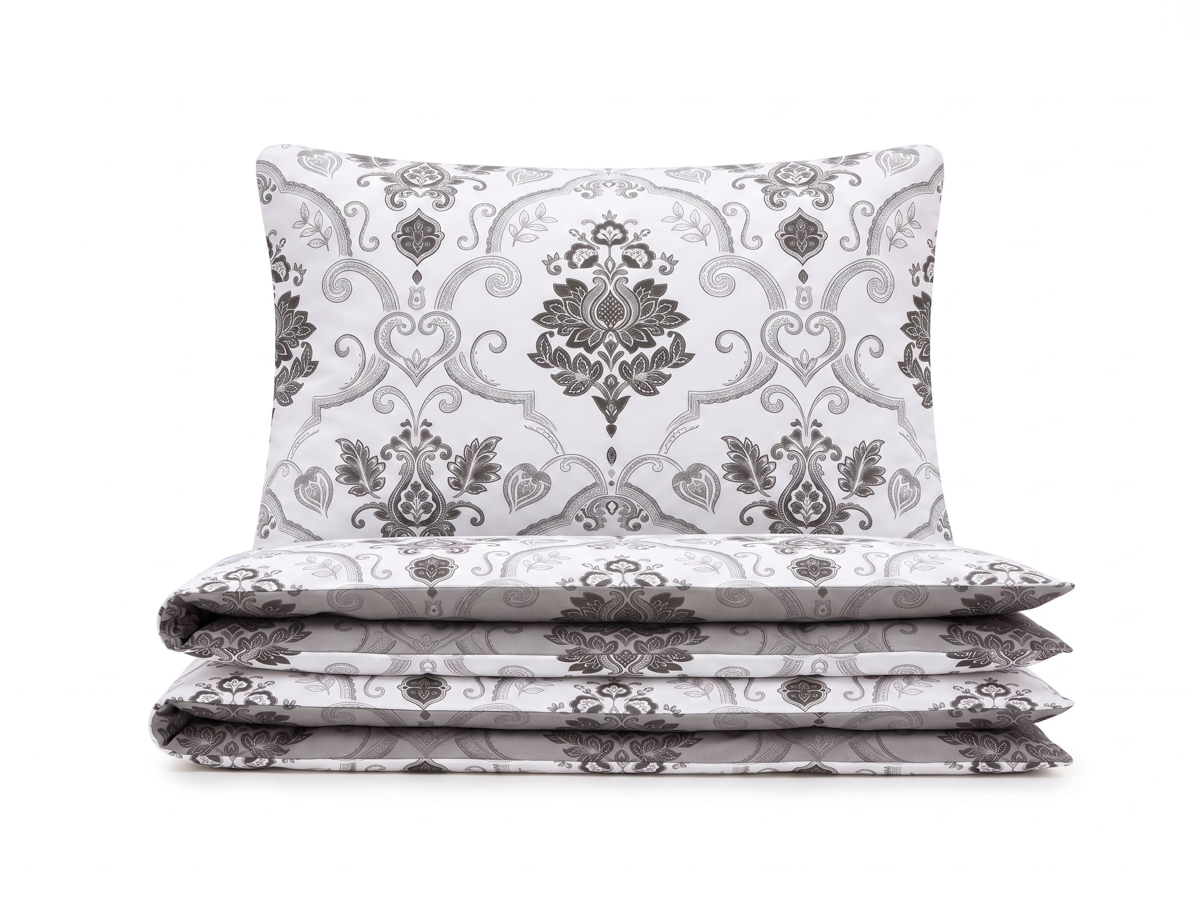 Pościel z mikrofibry biała w ornamenty 200x220 4 el. z prześcieradłem Silver Versailles h1597