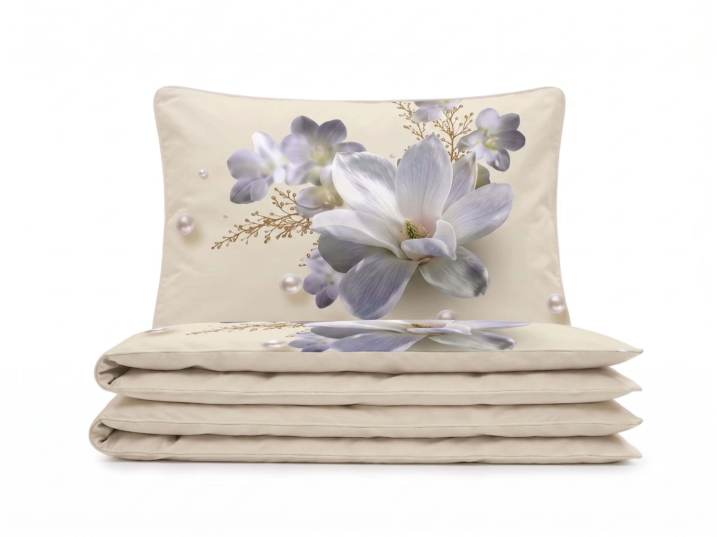 Pościel z mikrofibry kremowa w kwiaty 200x220 3 el. Pearl Magnolia h1596