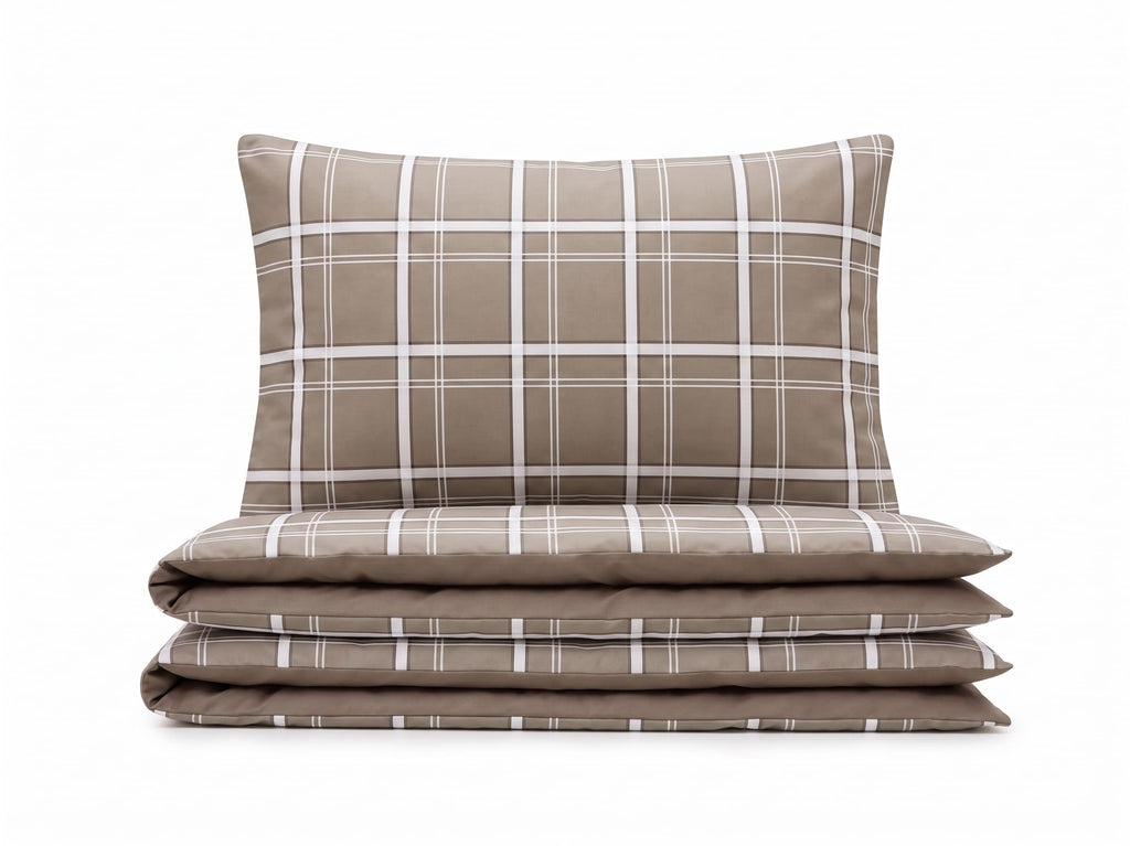 Pościel z mikrofibry dwustronna taupe beżowa kremowa w kretke 200x220 3 el. Briarwood Manor h1585