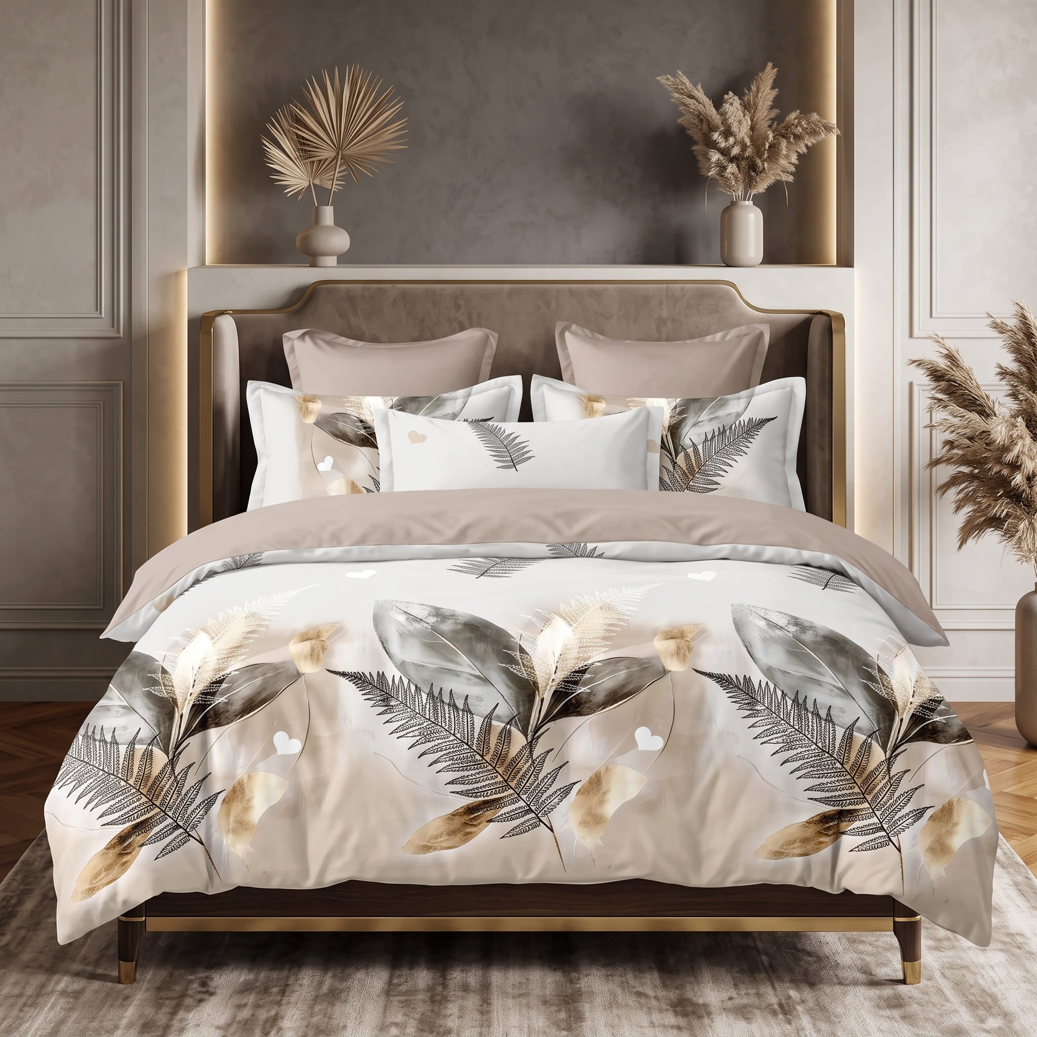 Pościel bawełniana dwustronna beżowa w liście Golden Fern 200x220 3 el. Par C-159