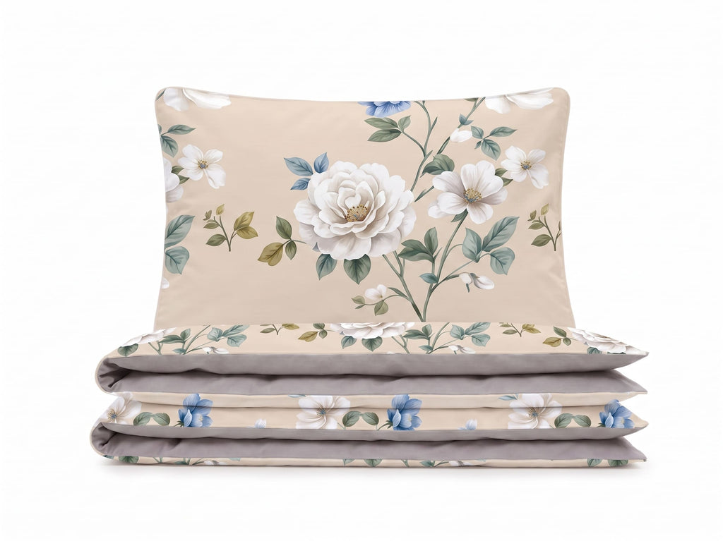 Pościel z mikrofibry dwustronna beżowa w kwiaty i szara 140x200 2 el. Ivory Blossom h1655