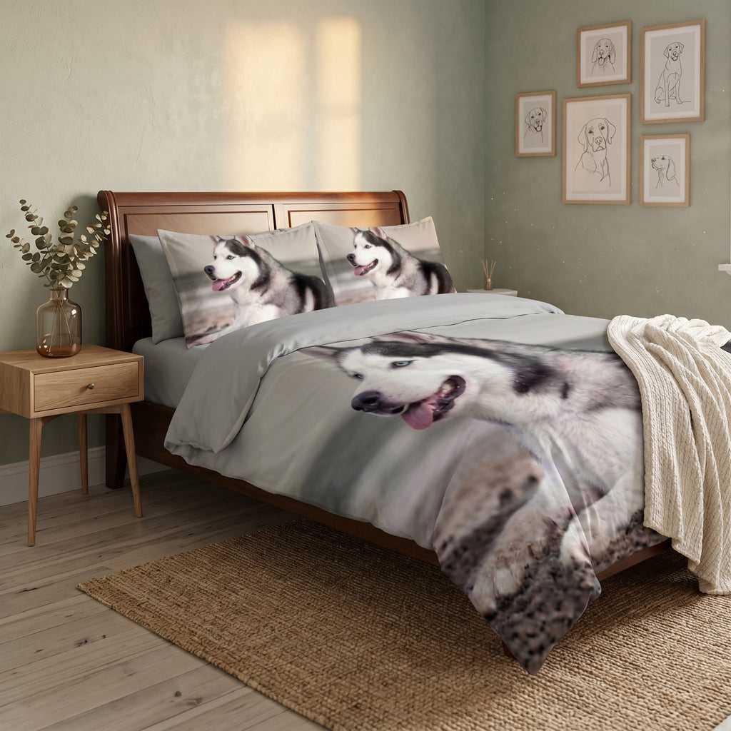 Pościel z mikrofibry dwustronna szara w psy 140x200 2 el. Arctic Husky h1510