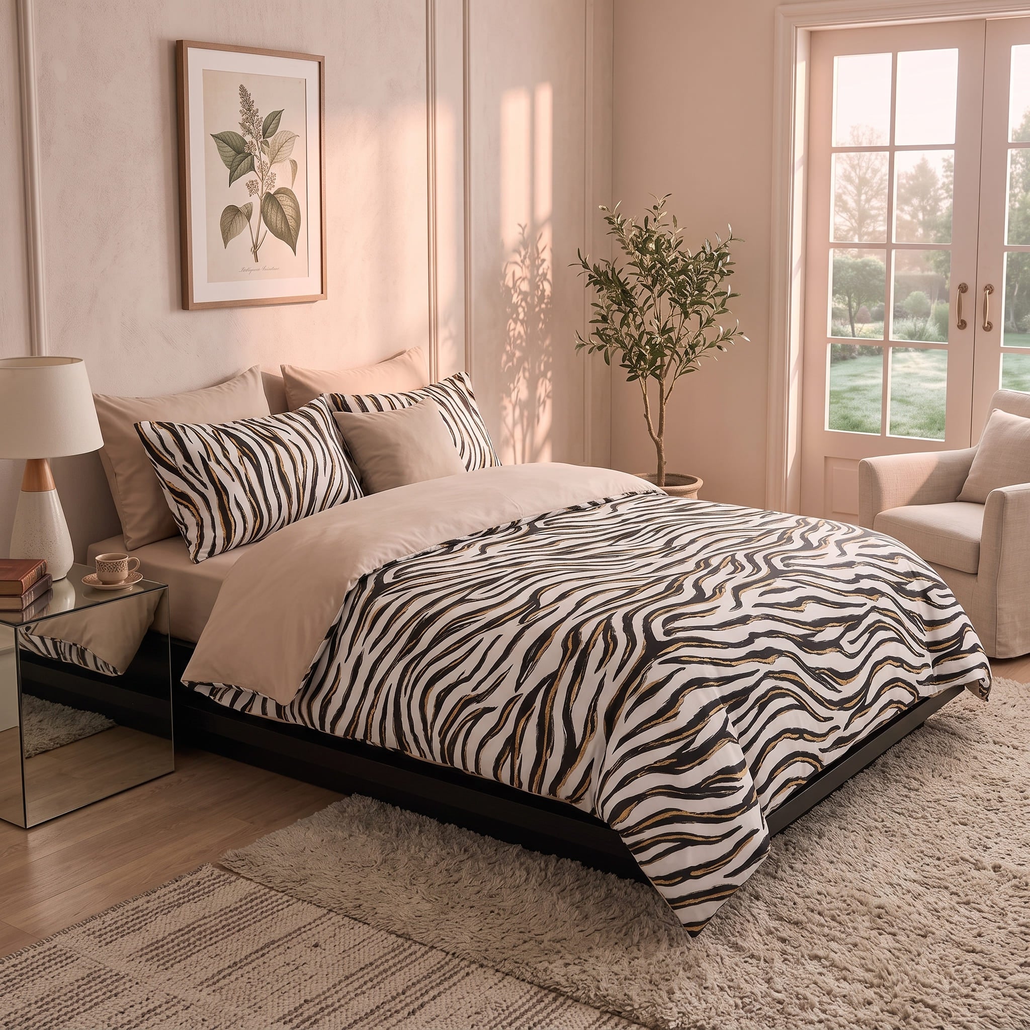 Pościel bawełniana dwustronna w zebrę i beżowa Savanna Prestige 200x220 3 el. Par C-147