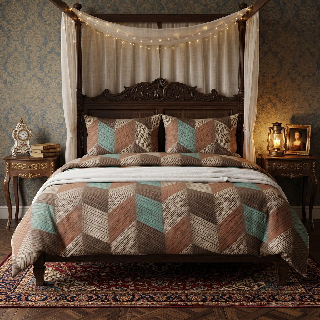 Pościel z mikrofibry brązowa beżowa w chevron 160x200 3 el. Rustic Chevron h1298