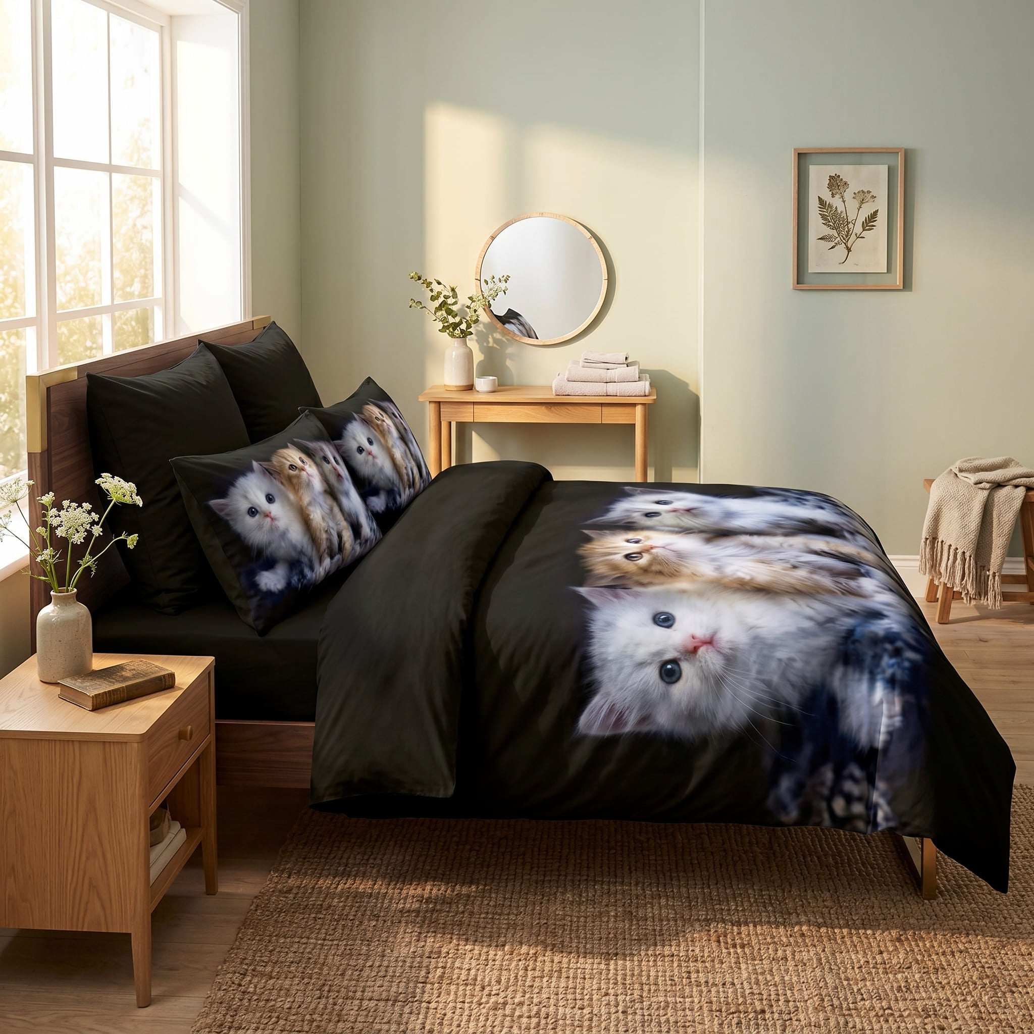 Pościel z mikrofibry czarna w koty 160x200 3 el. Midnight Kittens h1569