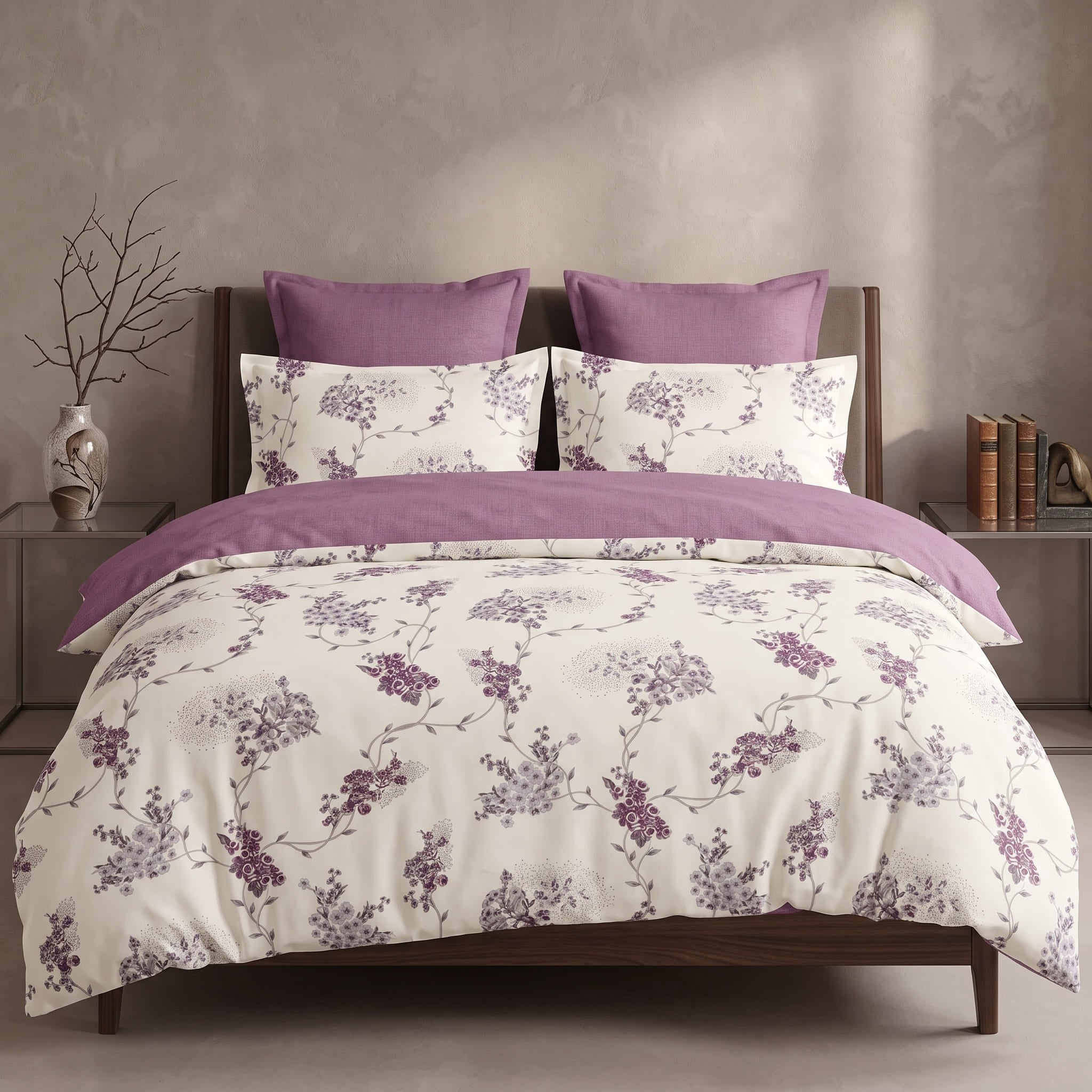 Pościel z mikrofibry dwustronna w kwiaty i lawendowa 200x220 3 el. Violet Serenity h1692