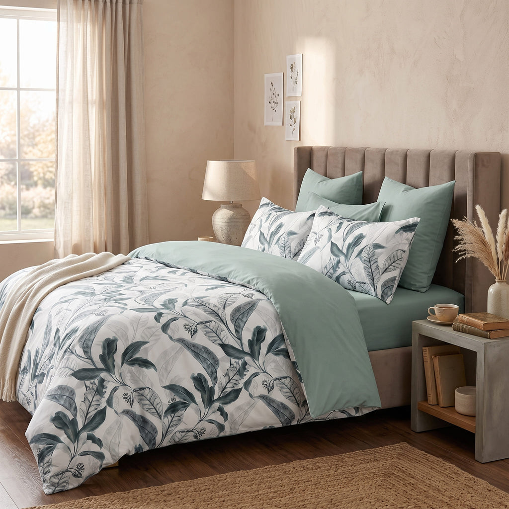 Pościel bawełniana dwustronna biała i zielona w liście Sage Oasis 200x220 3 el. Par C-111
