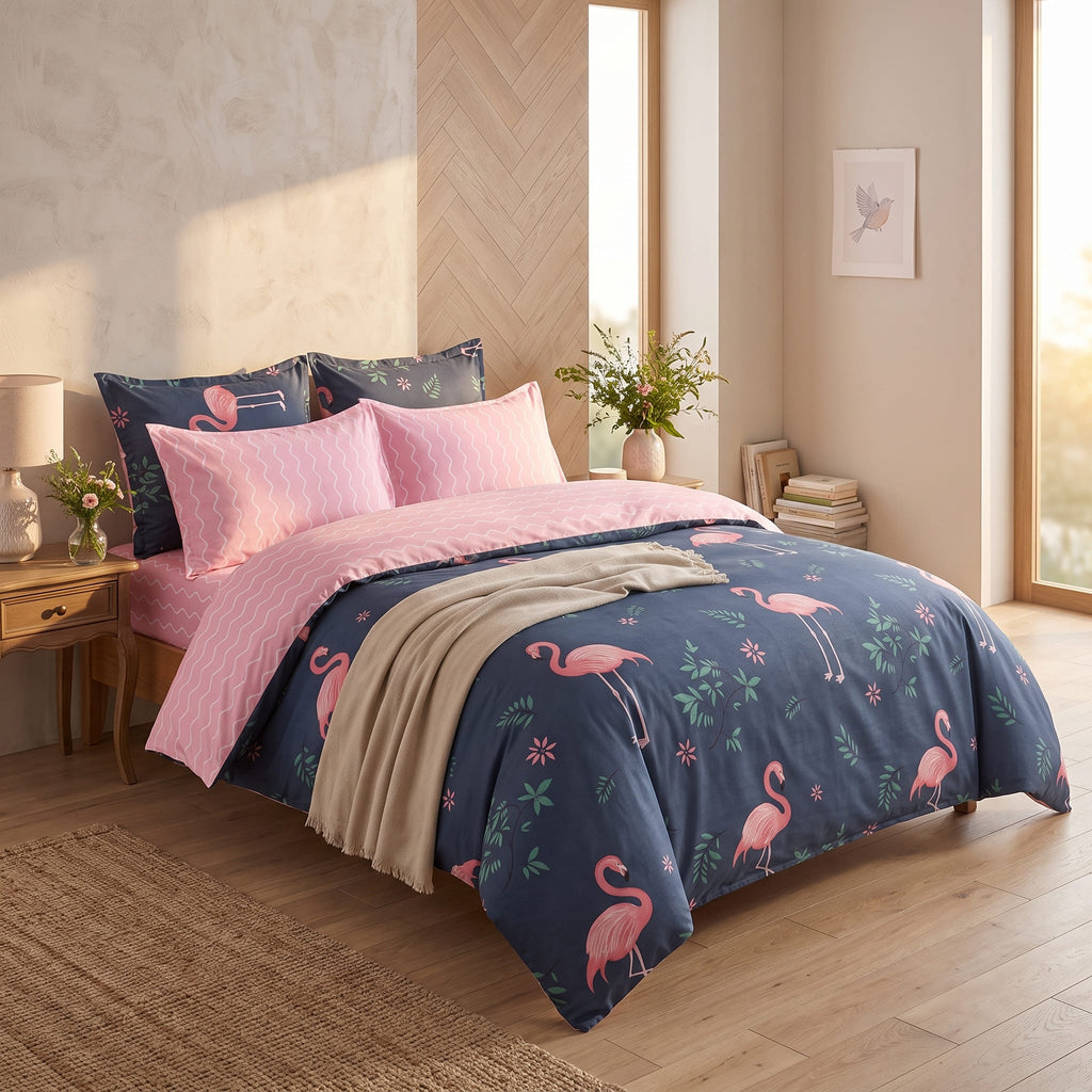 Pościel bawełniana dwustronna granatowa i różowa w flamingi Flamingo Bliss 200x220 3 el. Par C-001