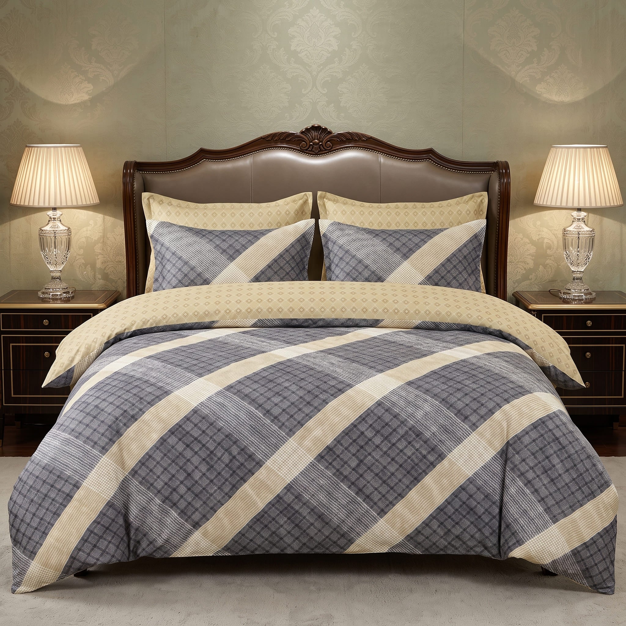 Pościel z mikrofibry dwustronna szara beżowa w kratę 200x220 3 el. Heritage Plaid h1702
