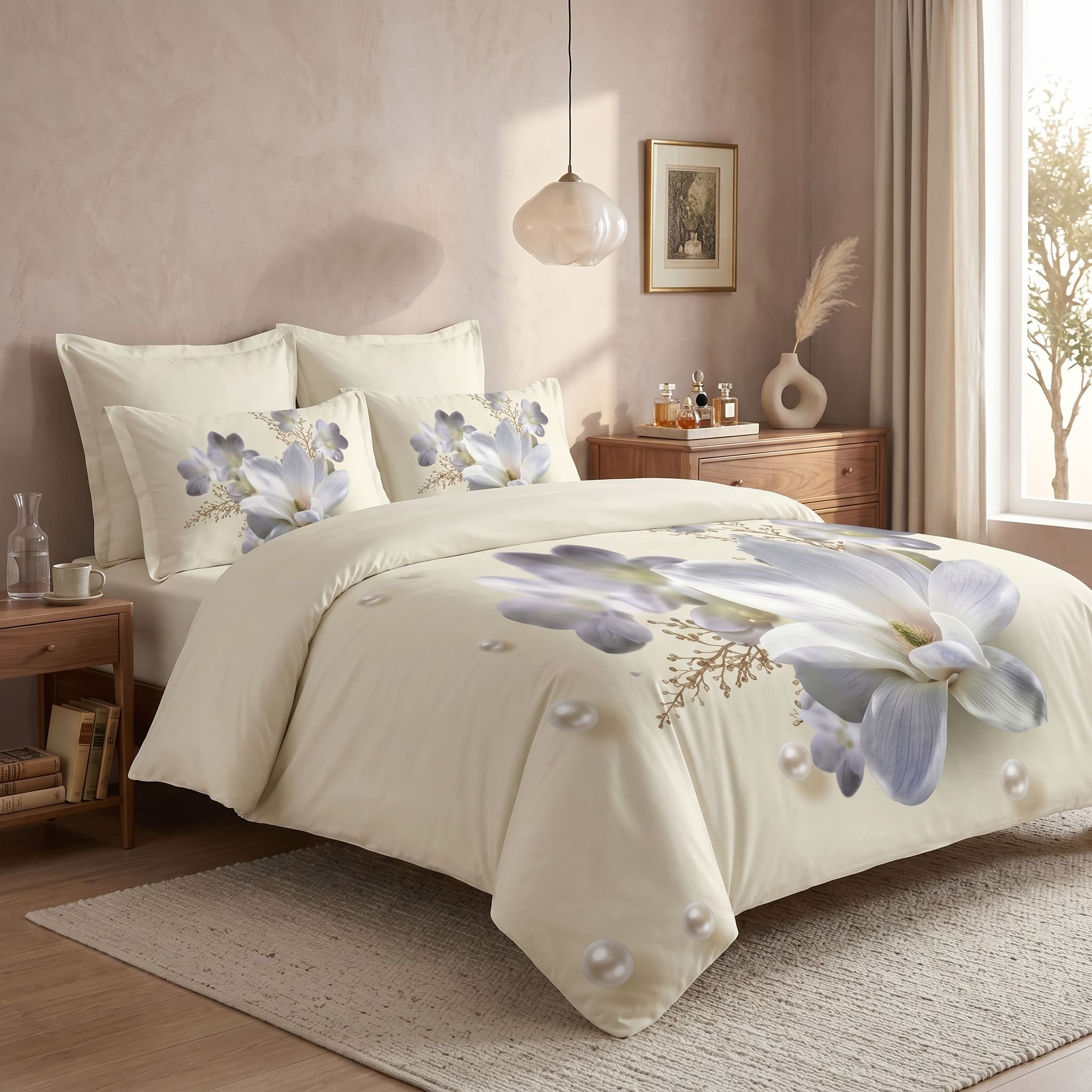 Pościel z mikrofibry kremowa w kwiaty 200x220 3 el. Pearl Magnolia h1596