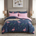 Pościel bawełniana dwustronna granatowa i różowa w flamingi Flamingo Bliss 200x220 3 el. Par C-001