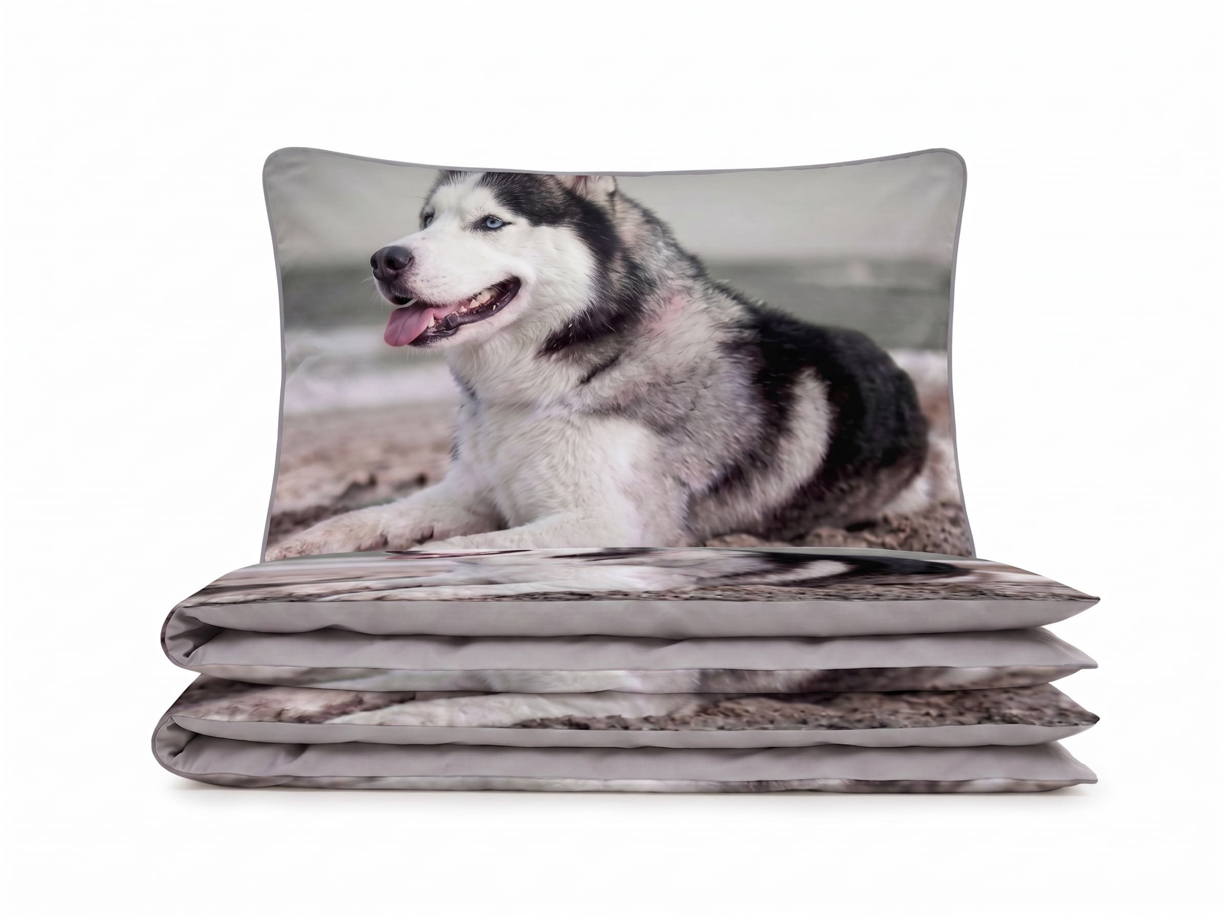 Pościel z mikrofibry dwustronna szara w psy 140x200 2 el. Arctic Husky h1510