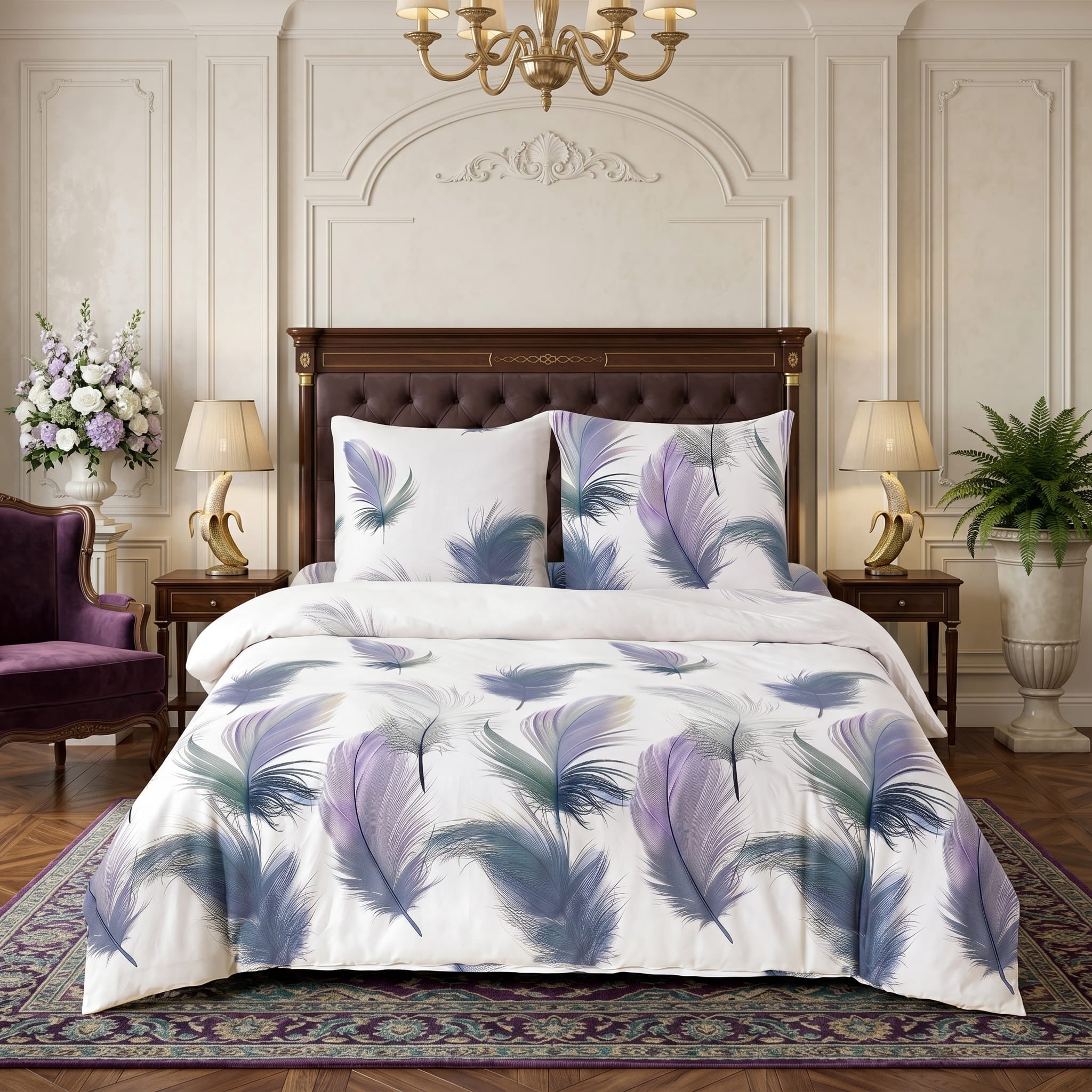 Pościel bawełniana biała niebieska fioletowa w pióra 200x220 3 el. Feather Serenity m1882