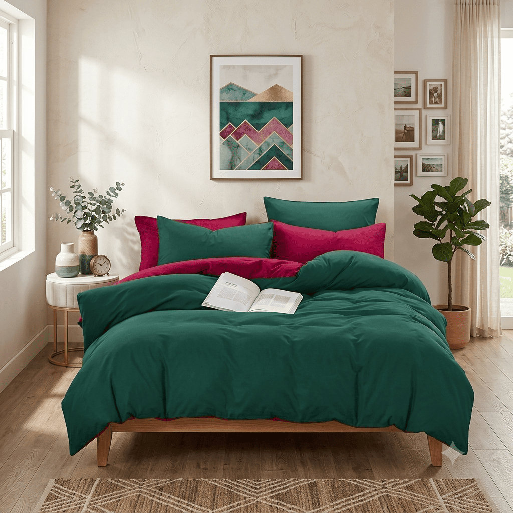 Pościel bawełniana dwustronna zielona i czerwona Emerald Passion 200x220 3 el. Par S-003