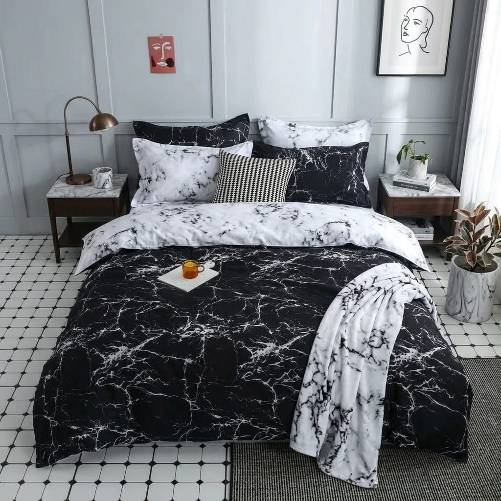 Pościel bawełniana dwustronna czarna i biała w marmur Obsidian Veil 200x220 3 el. Par C-021