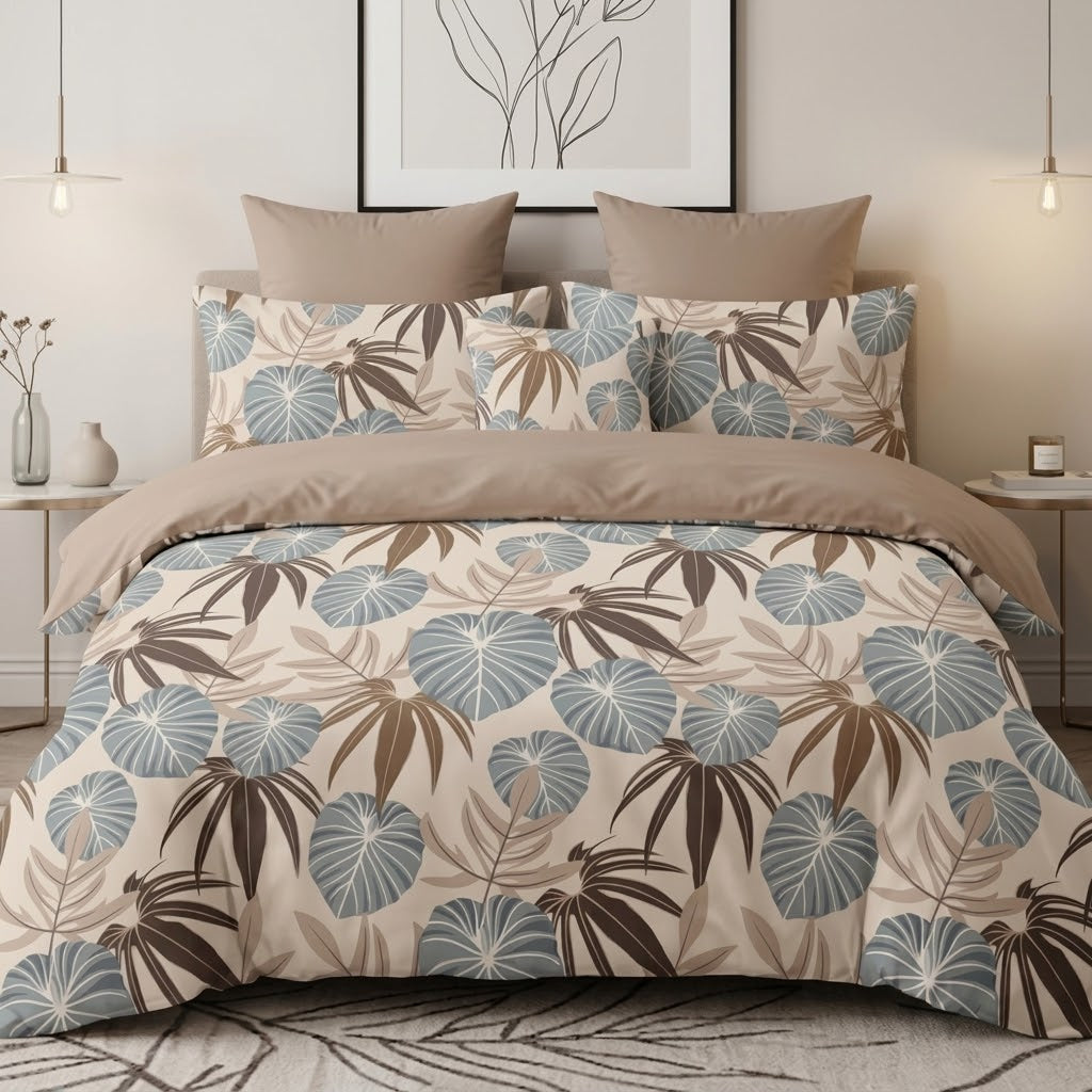Pościel z mikrofibry dwustronna beżowa taupe brązowa w liście 180x200 3 el. Serene Monstera h1644