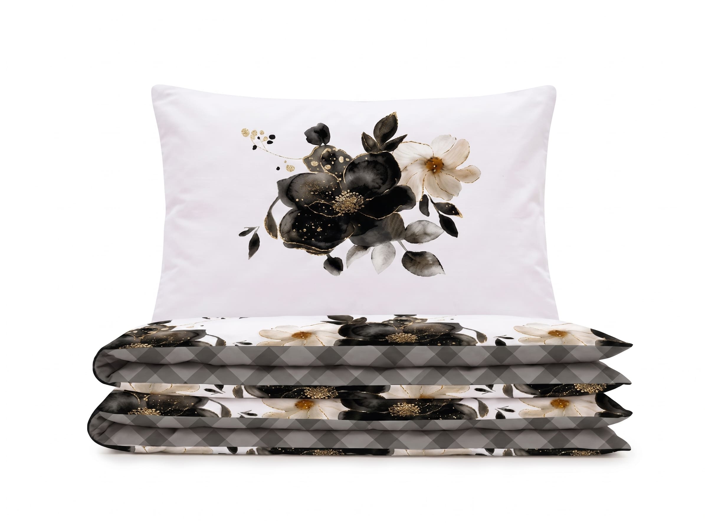 Pościel z mikrofibry dwustronna biała w kwiaty i szara krata 140x200 2 el. Obsidian Bloom h1693
