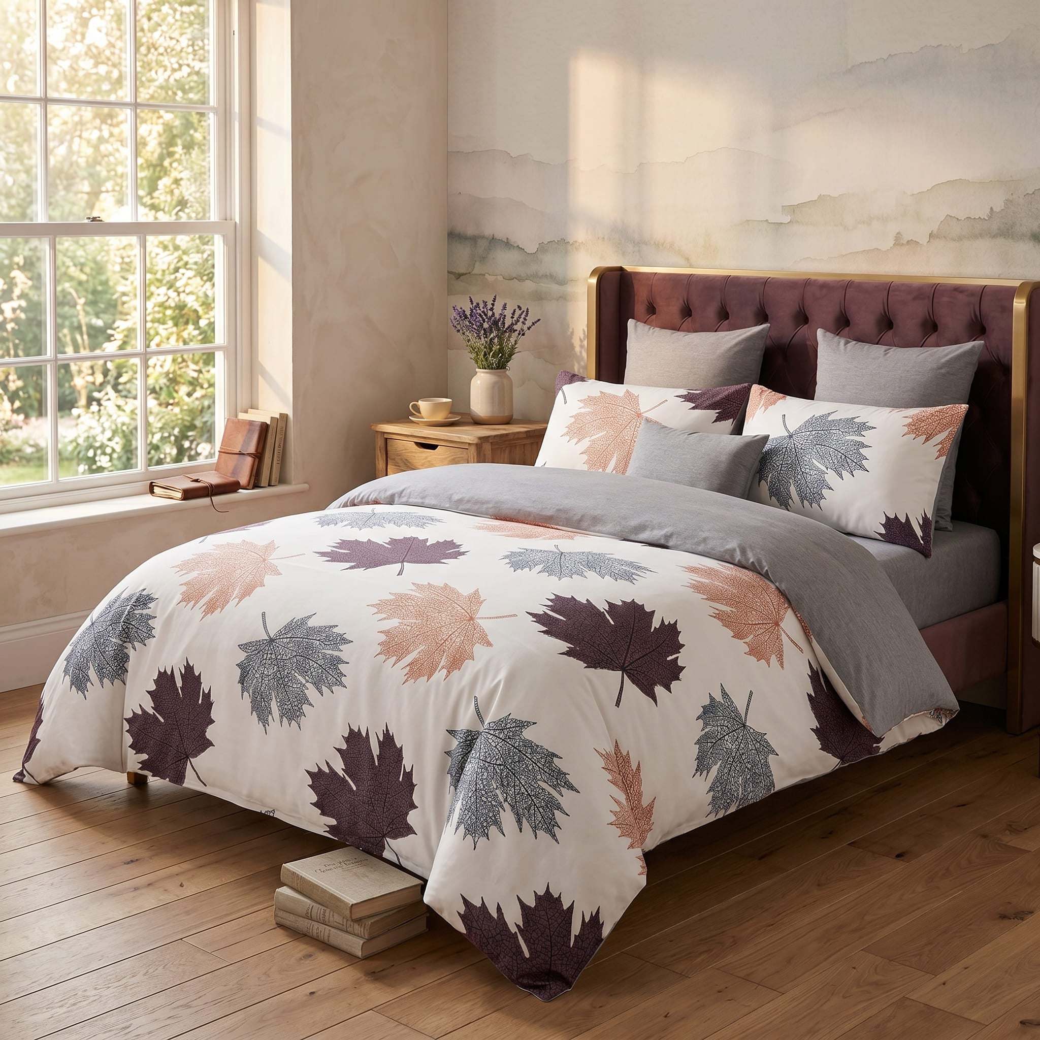 Pościel z mikrofibry dwustronna biała w liście i szara 200x220 4 el. z prześcieradłem Autumn Maple h1310