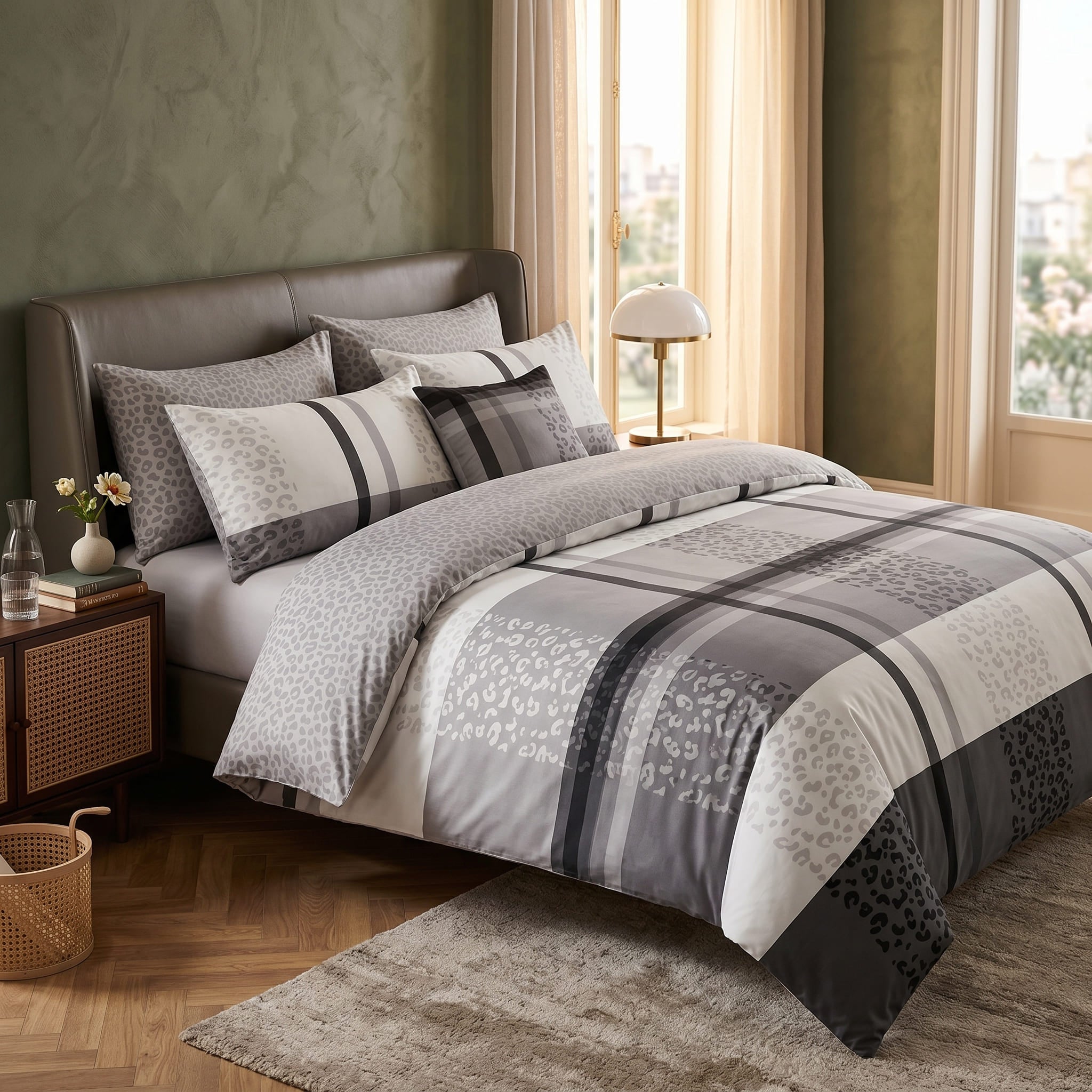 Pościel z mikrofibry dwustronna biała szara w kratę i centki 200x220 3 el. Silver Savannah h1524