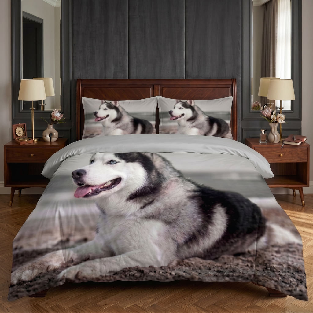 Pościel z mikrofibry dwustronna szara w psy 140x200 2 el. Arctic Husky h1510