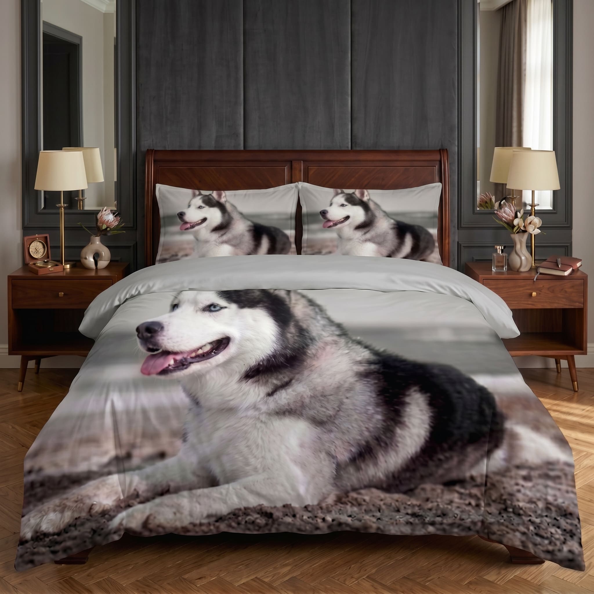 Pościel z mikrofibry dwustronna szara w psy 140x200 2 el. Arctic Husky h1510
