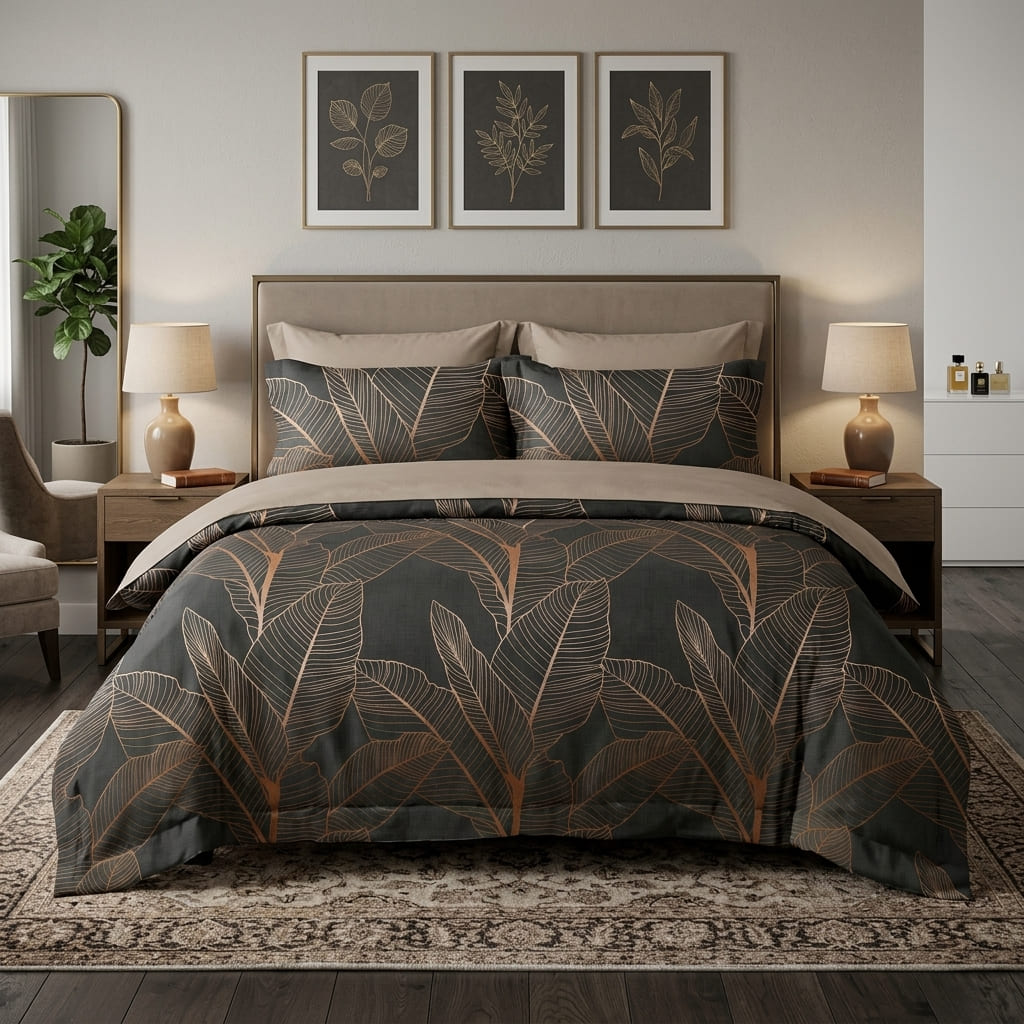 Pościel bawełniana dwustronna  grafitowa w liście i beżowa Golden Canopy 160x200 3 el. Par C-113