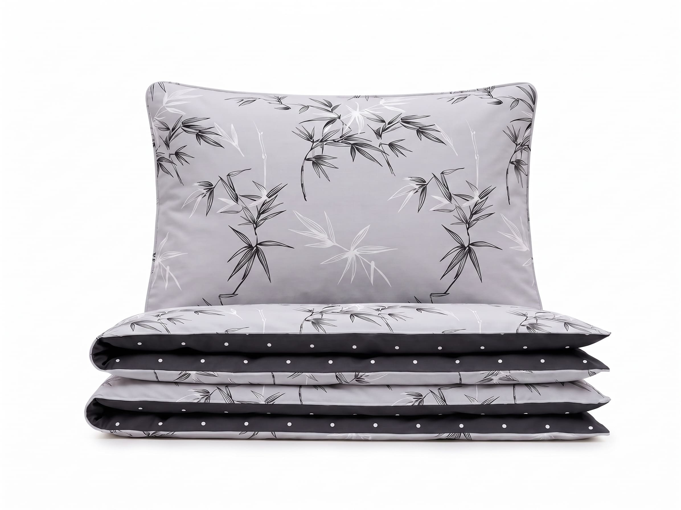 Pościel z mikrofibry dwustronna szara w bambusowe gałązki i grafitowa w kropki 200x220 3 el. Silver Bamboo Serenity h1528