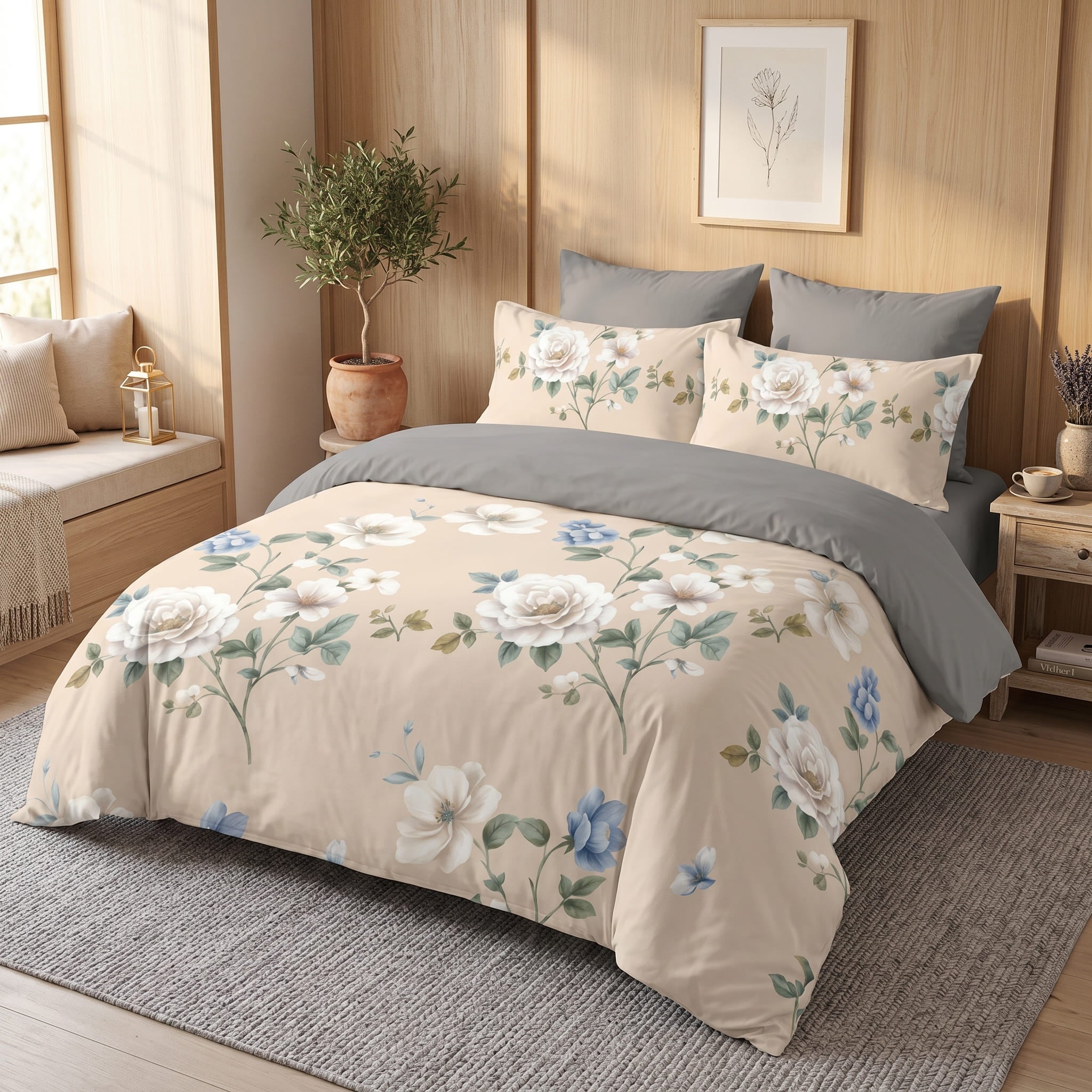Pościel z mikrofibry dwustronna beżowa w kwiaty i szara 140x200 2 el. Ivory Blossom h1655