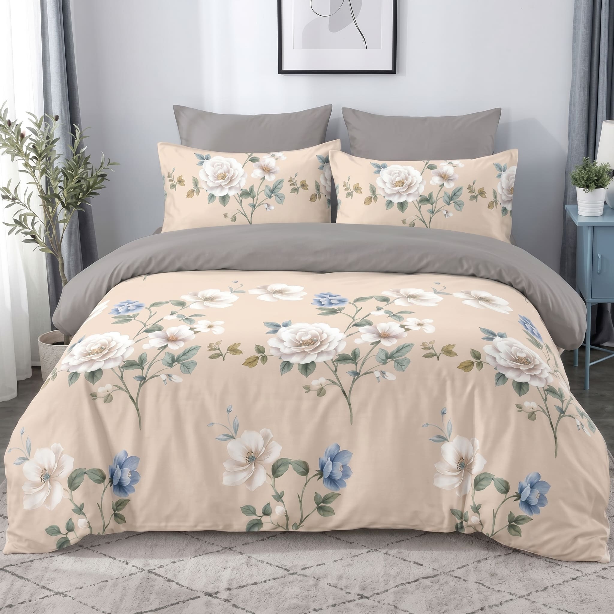 Pościel z mikrofibry dwustronna beżowa w kwiaty i szara 140x200 2 el. Ivory Blossom h1655