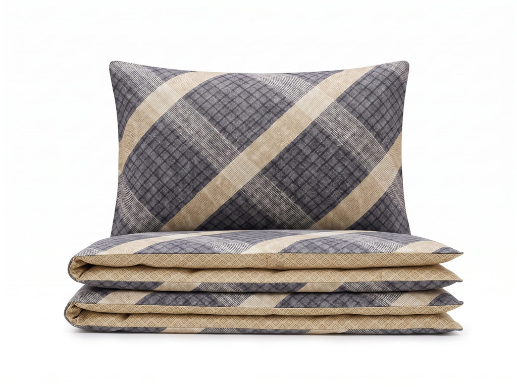 Pościel z mikrofibry dwustronna szara beżowa w kratę 200x220 3 el. Heritage Plaid h1702