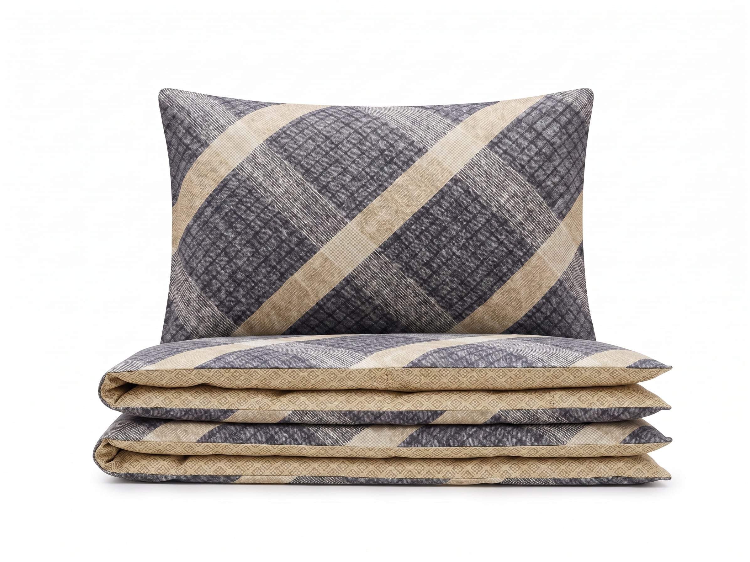 Pościel z mikrofibry dwustronna szara beżowa w kratę 200x220 3 el. Heritage Plaid h1702