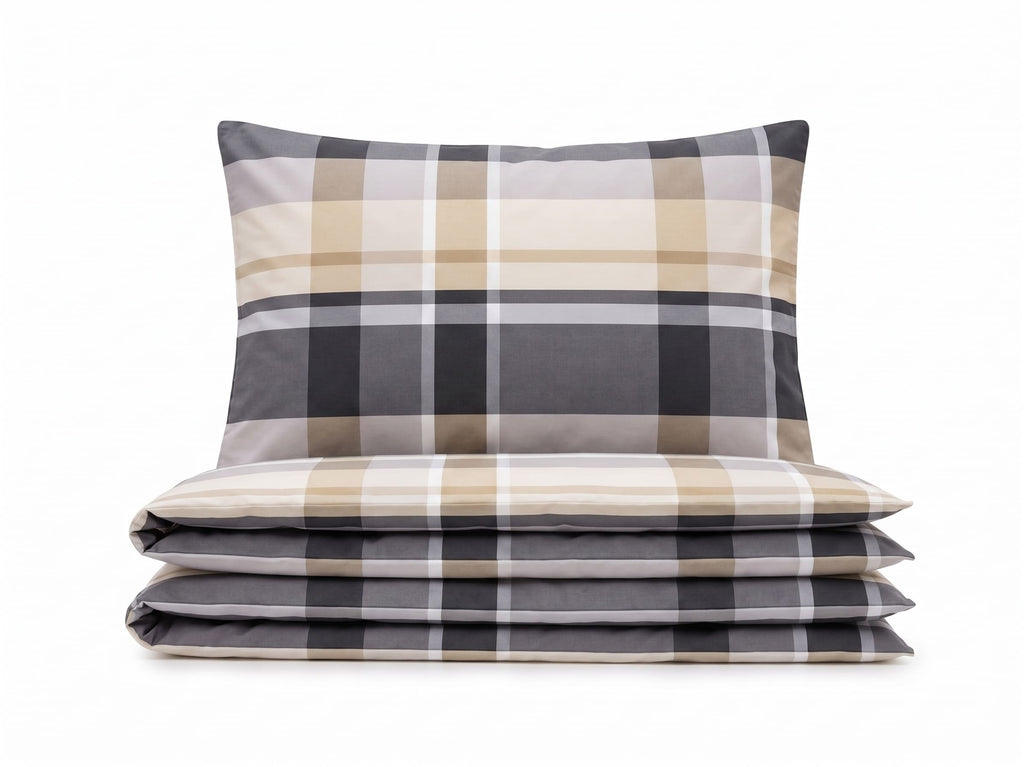 Pościel z mikrofibry kremowa szara beżowa w kratke 160x200 4 el. z prześcieradłem Westbridge Plaid h1582