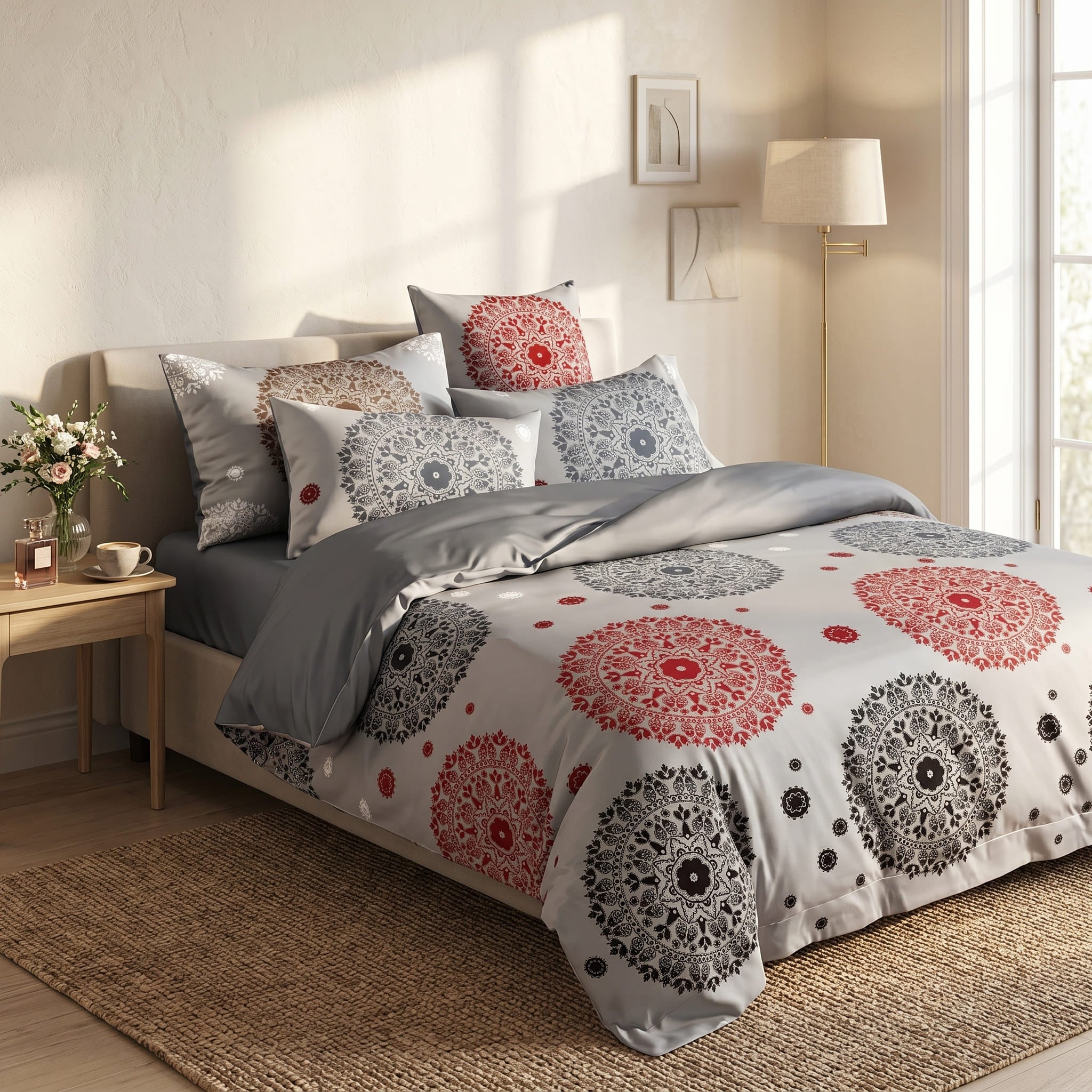Pościel z mikrofibry dwustronna szara w mandale 160x200 3 el. Royal Mandala h1316