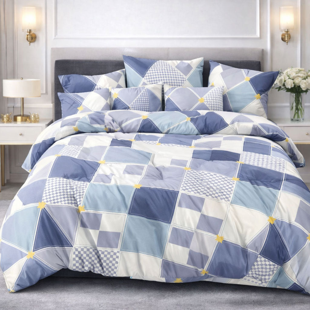 Pościel biało niebieska w kwadraty geometryczna 160x200 z prześcieradłem 4 el. Mil-x