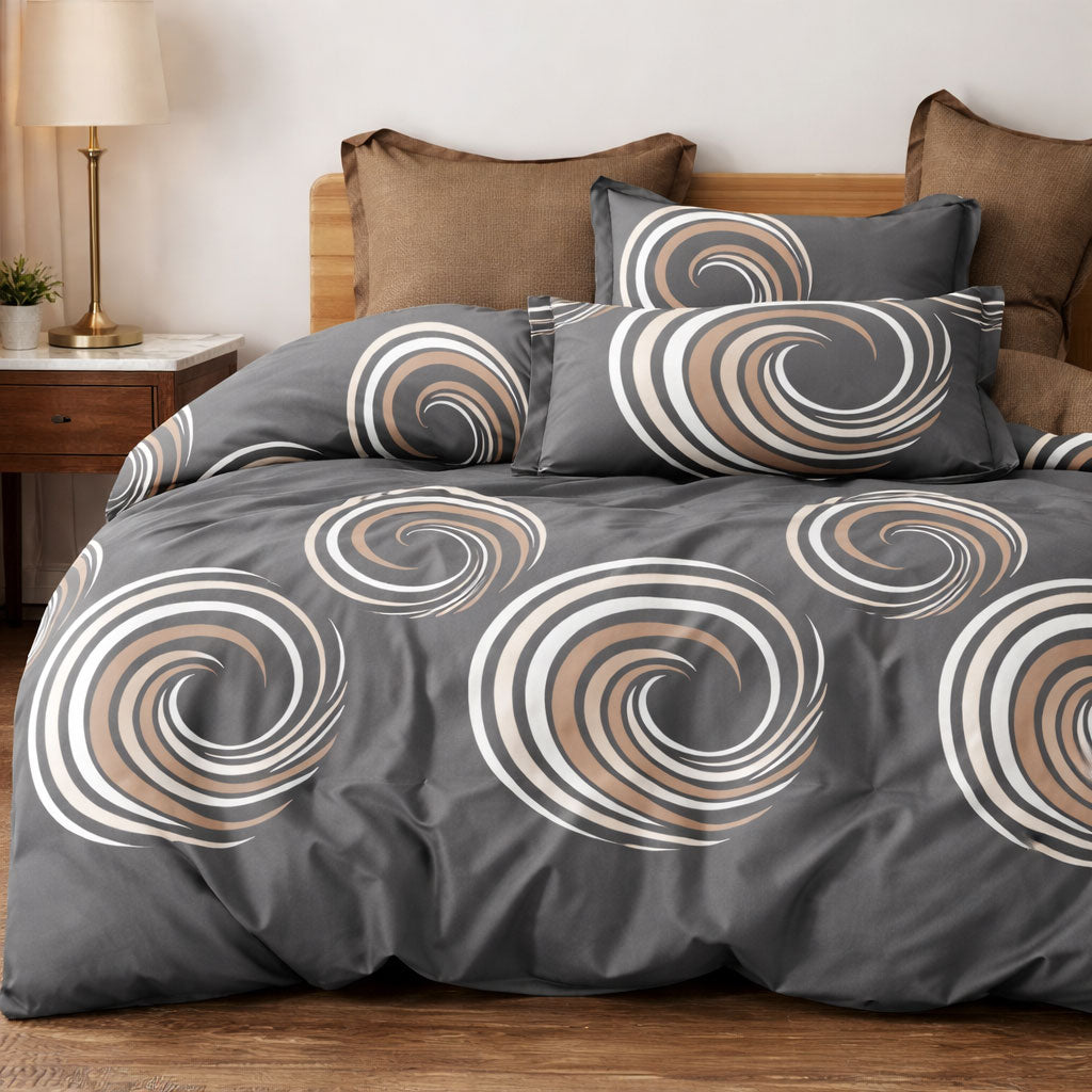 Pościel szaro brązowa dwukolorowa geomteryczny wzór koła Triss 200x220 z prześcieradłem 4 el. Mil-A102