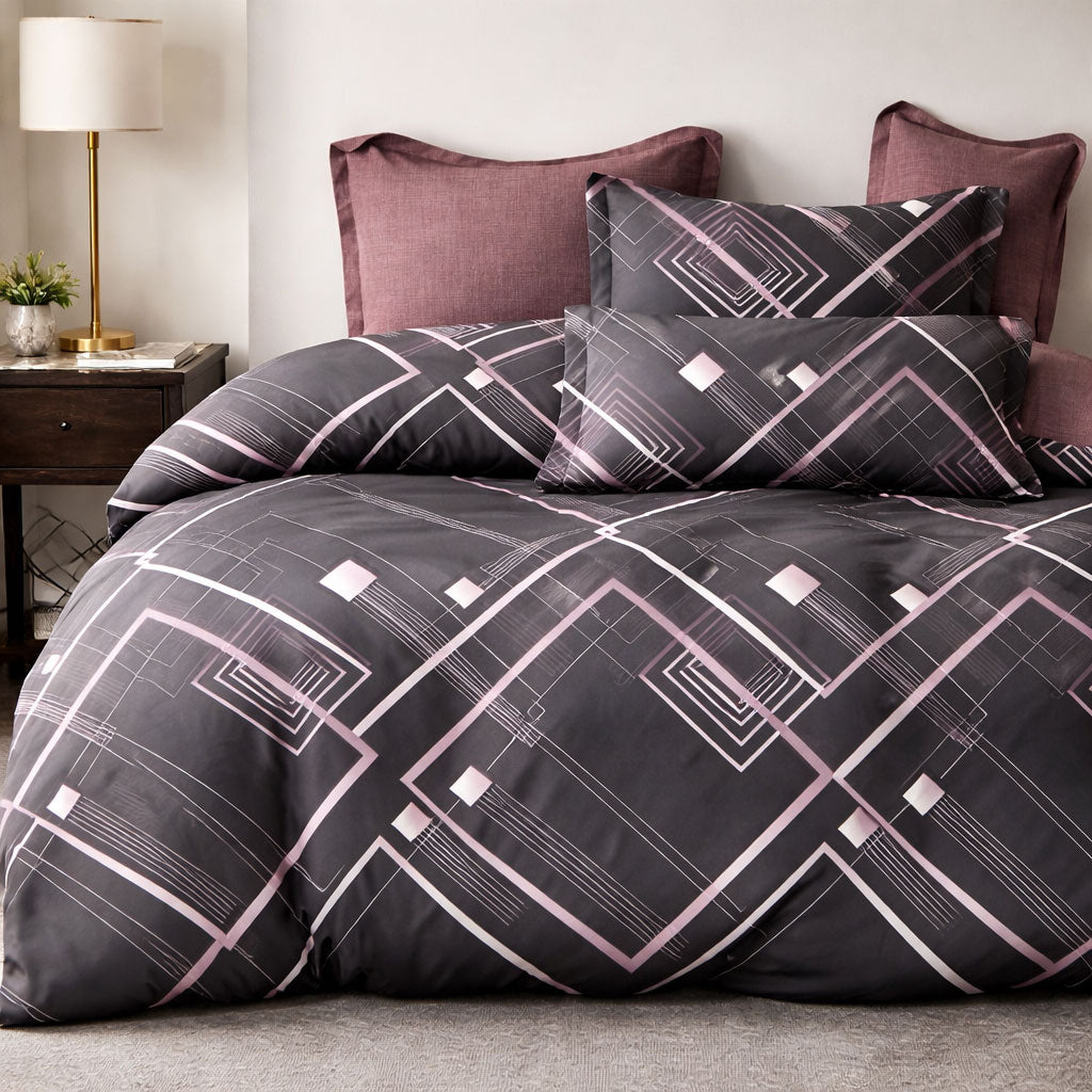 Pościel pudrowy róż czarny dwukolorowa z motywem geometrycznym Pior 200x220 z prześcieradłem 4 el. Mil-A103