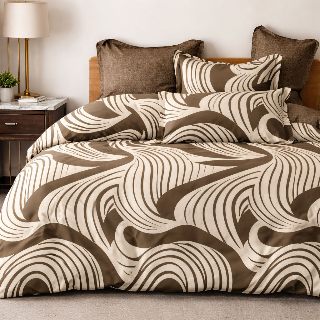 Pościel brązowa czekoladowa dwukolorowa motyw falisty Milla 200x220 z prześcieradłem 4 el. Mil-A105