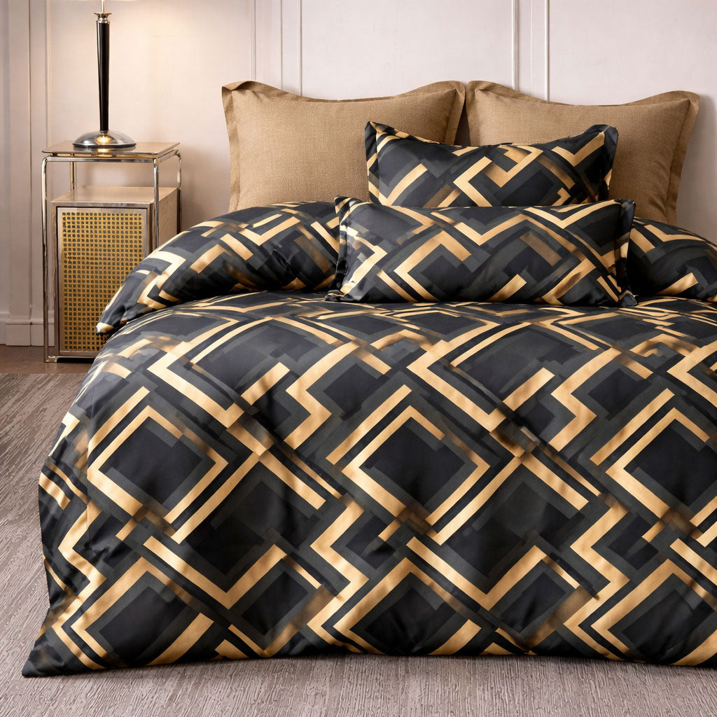 Pościel dwukolorowa brązowa czarno złota geometryczna 3d 200x220 z prześcieradłem 4 el. Hagon Mil-A111