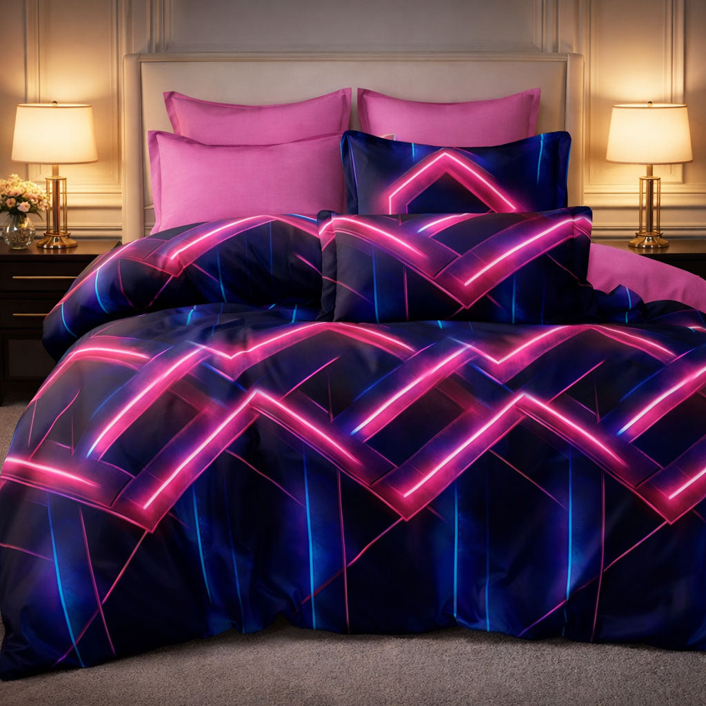 Pościel dwukolorowa różowo niebiesko fioletowa neonowa geometryczna Cosmic 160x200 z prześcieradłem 4 el. Mil-A39