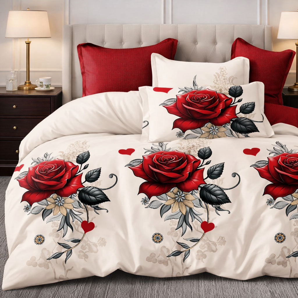 Pościel kremowo czerwona dwukolorowa w Róże 200x220 z prześcieradłem 4 el. Rosy Mil-B39